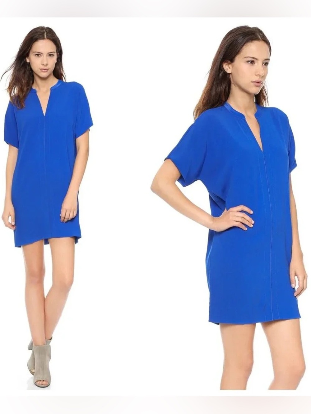 Vince Shift Tunic Dress Silk Split V Neck Cobalt blue size xs